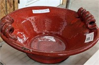 RED TWO HANDLE POTTERY BOWL 13 INCH
