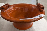 ORANGE TWO HANDLE POTTERY BOWL 8 INCH