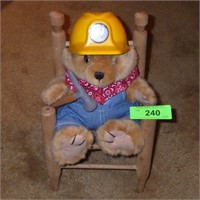 COAL MINER PLUSH BEAR (9") IN CANNED SEAT CHAIR