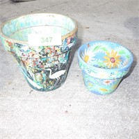 2 HAND PAINTED CLAY POTS