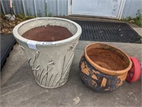 2 TERRACOTTA PLANTERS-TALLEST IS CRACKED