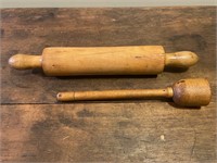 Antique Maple Rolling Pin & Wood Masher Pair