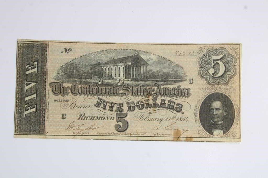 1864 $5.00 CONFEDERATE NOTE