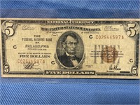 1929 $5 red seal federal reserve bank note