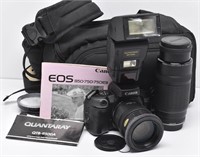 Canon EOS 750QD Camera w/ Lenses Flash & Case