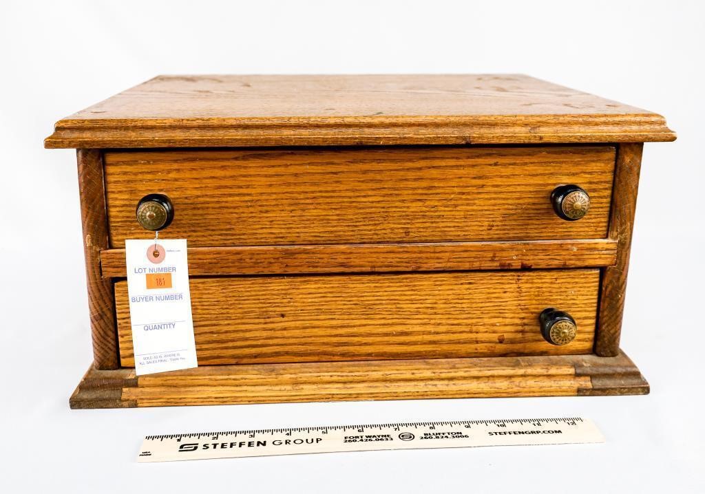 Antique Oak 2 Drawer Spool Cabinet w/Wooden Pulls