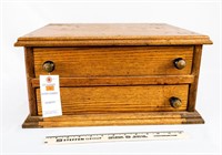 Antique Oak 2 Drawer Spool Cabinet w/Wooden Pulls