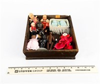 Wooden Tray of Miniature Dolls