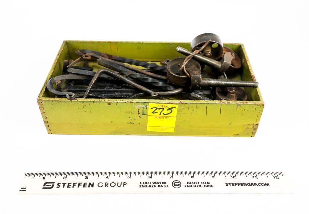 Wood Box of Vintage Iron Hooks and Casters