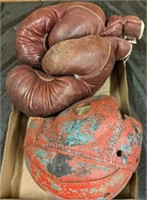 1940S/50S LEATHER BOXING GLOVE, FOOTBALL HELMENT