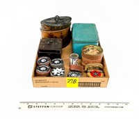 Box of Assorted Advertising Tins and Wooden Pucks