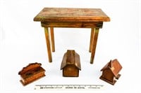 Child's Size Wooden Table, (2) Wooden Churches and