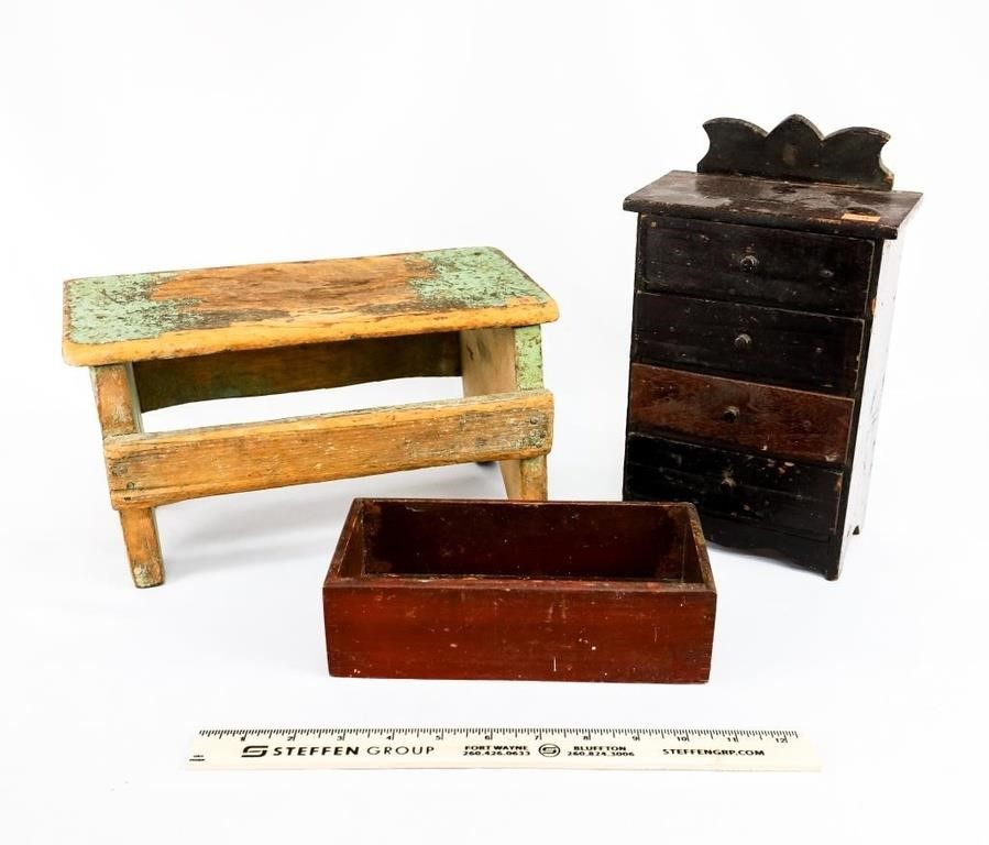 Child's Size Step Stool, Wooden Box and Doll