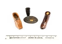 (2) Doll Size Wooden Boots and (1) Wooden Boot Hat