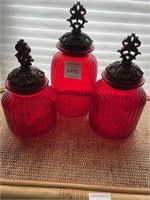 3 RED GLASS JARS