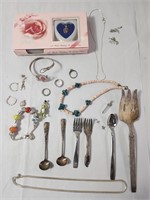 Vintage costume jewelry, plated utensils, 925 Wish