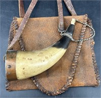 Antique Leather Hunting Pouch & Powder Horn