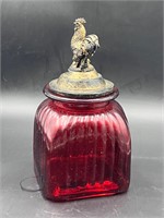 Indiana Glass red glass Canister w/ rooster cap