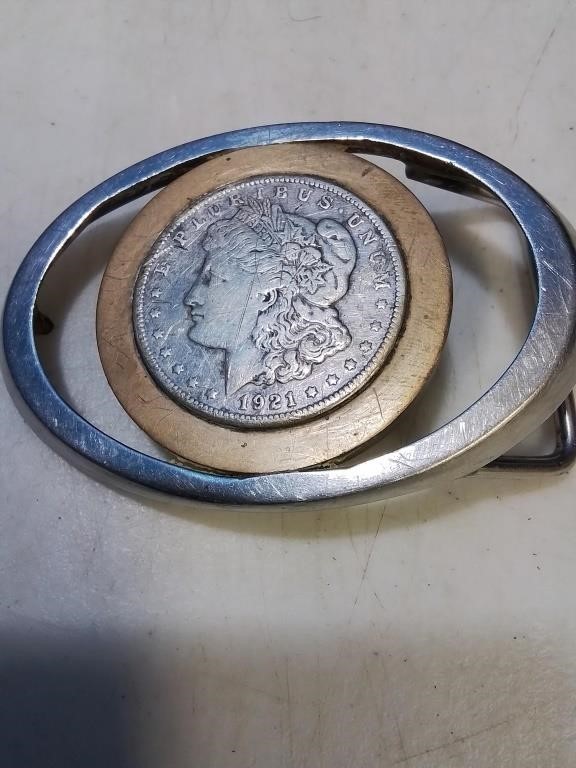 1921 Morgan silver dollar mounted into a belt