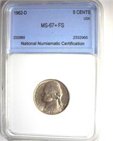 1962-D Nickel MS67+FS LISTS $4250 IN 65FS