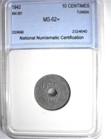 1942 10 Centimes NNC MS62+ Tunisia