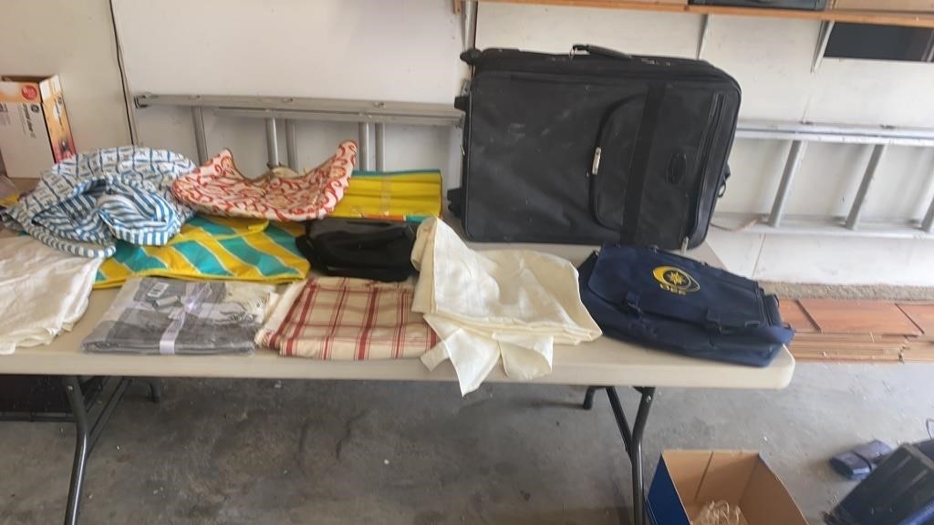 Luggage Lot with Bags and Table Cloth and Material