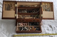 Vintage Wood Jewelry Chest with Contents