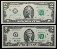 2017 A $2 FRN Gem Crisp Sequential Note Pair