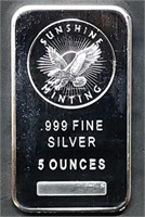 5 Troy Oz .999 Fine Silver Bar Sunshine Minting