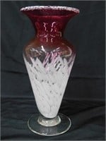 VTG hand blown 12" White Spatter footed vase