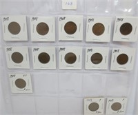 13 Indian head cents, mixed dates