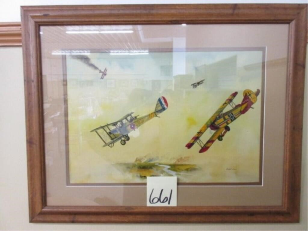 Framed Water Color Bi-Plane Scene Picture