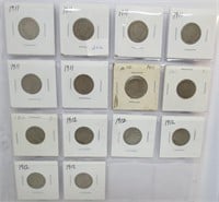 14 "V" nickels, mixed dates