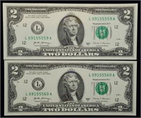 2017 A $2 FRN Gem Crisp Sequential Note Pair