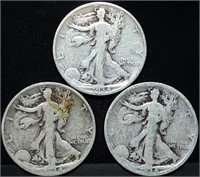 Three 1934 Walking Liberty Silver Half Dollars