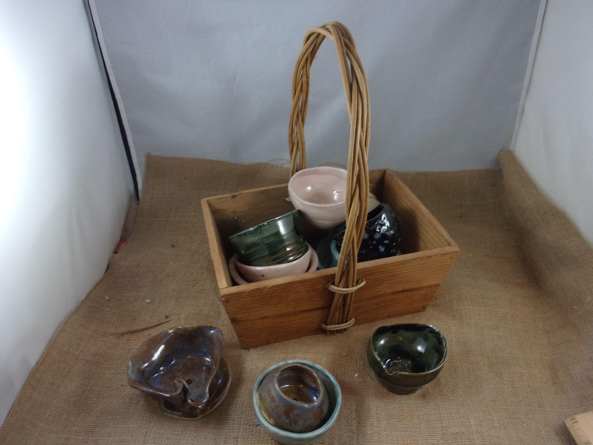 Wood Basket w/Lots of Pottery Items