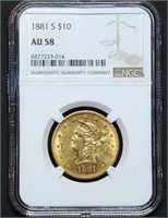 1881-S $10 Liberty Gold Eagle NGC AU58