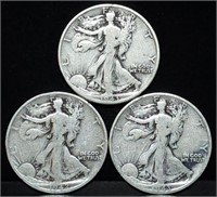 Three 1940s Walking Liberty Silver Half Dollars