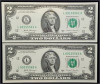 2017 A $2 FRN Gem Crisp Sequential Note Pair