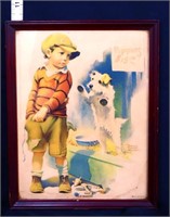 Vintage framed Help Wanted boy & dog art