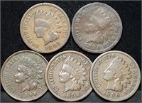 5 Nice Indian Head Cents 1886 to 1899