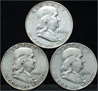 3 Franklin Silver Half Dollars 1951 1953-D 1954-D