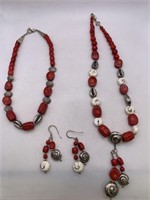 STERLING SILVER & CORAL BEADED NECKLACES & EARRING