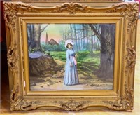 Vintage framed lady outdoors art, see photos