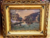 Vintage framed waterfront scene art, see photos