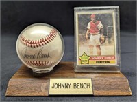 Autographed Johnny Bench Baseball With Stand & Car