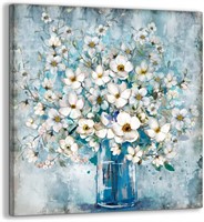 Canvas Art: White Flower in Blue Bottle 20x20