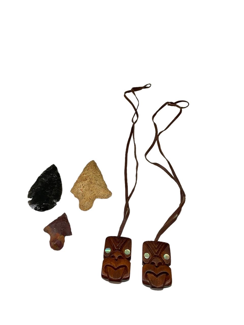 3 Arrowheads & 2 Wood Carved Tiki Necklaces