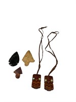 3 Arrowheads & 2 Wood Carved Tiki Necklaces