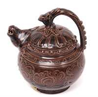 Olive Brown Glazed Chinese Imitation Teapot, Lion